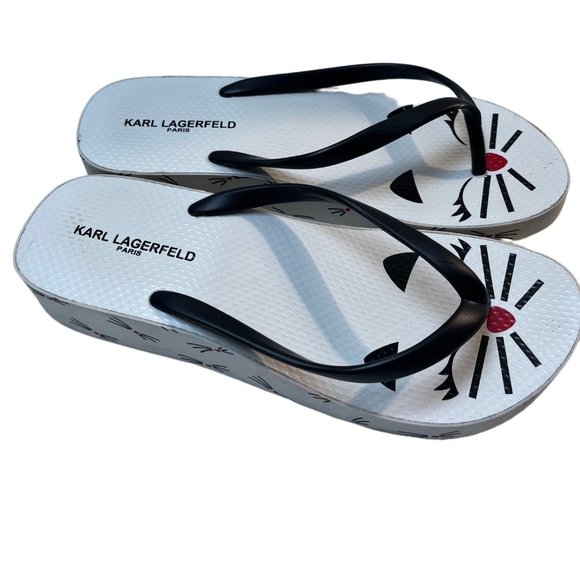 Karl Lagerfeld Paris flip flop Wedge Arch Platform Women’s Size 9.5 Kitty Prints - Picture 2 of 5